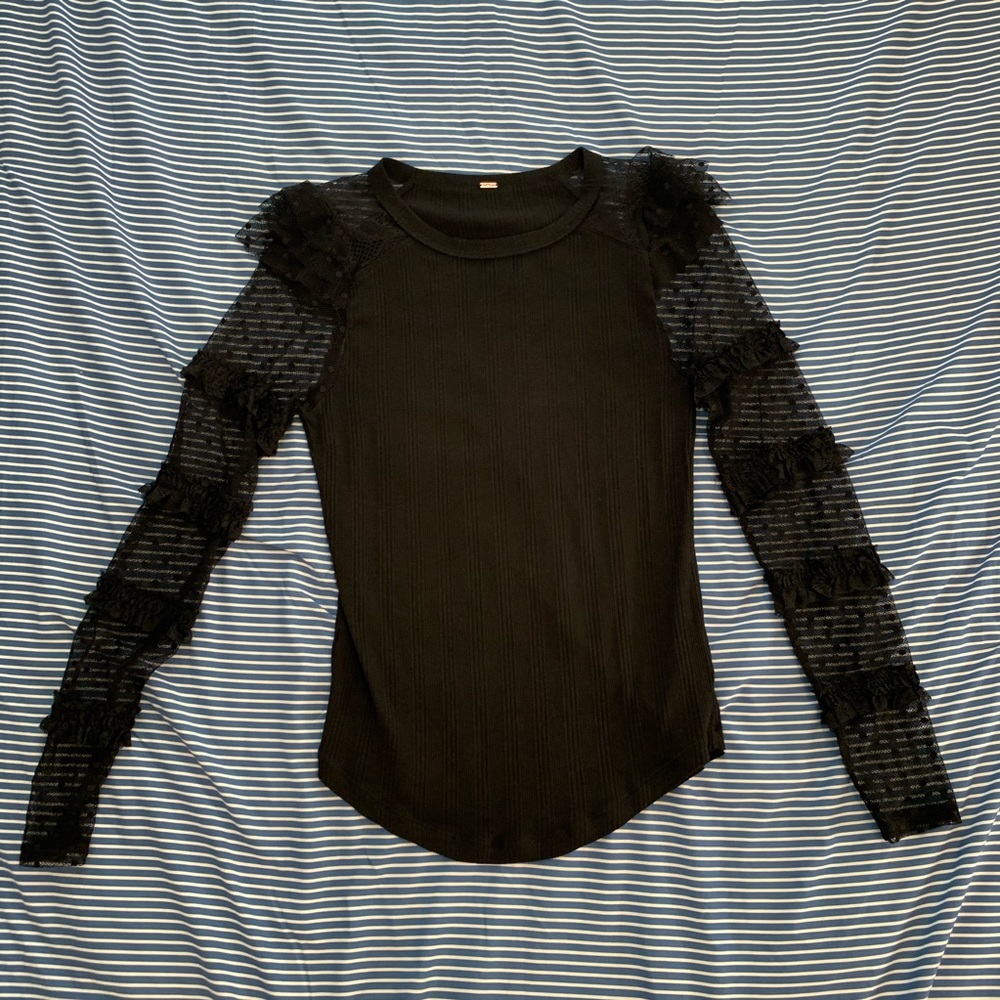 Free People BOHO Ruffle Lace Trim Blouse Black